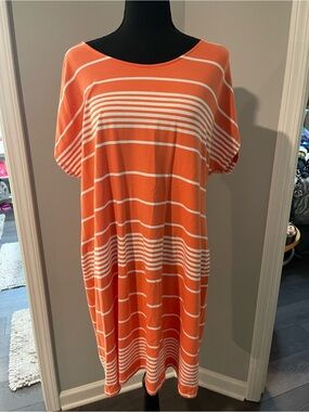 Lands' End Orange and White Striped Midi Dress